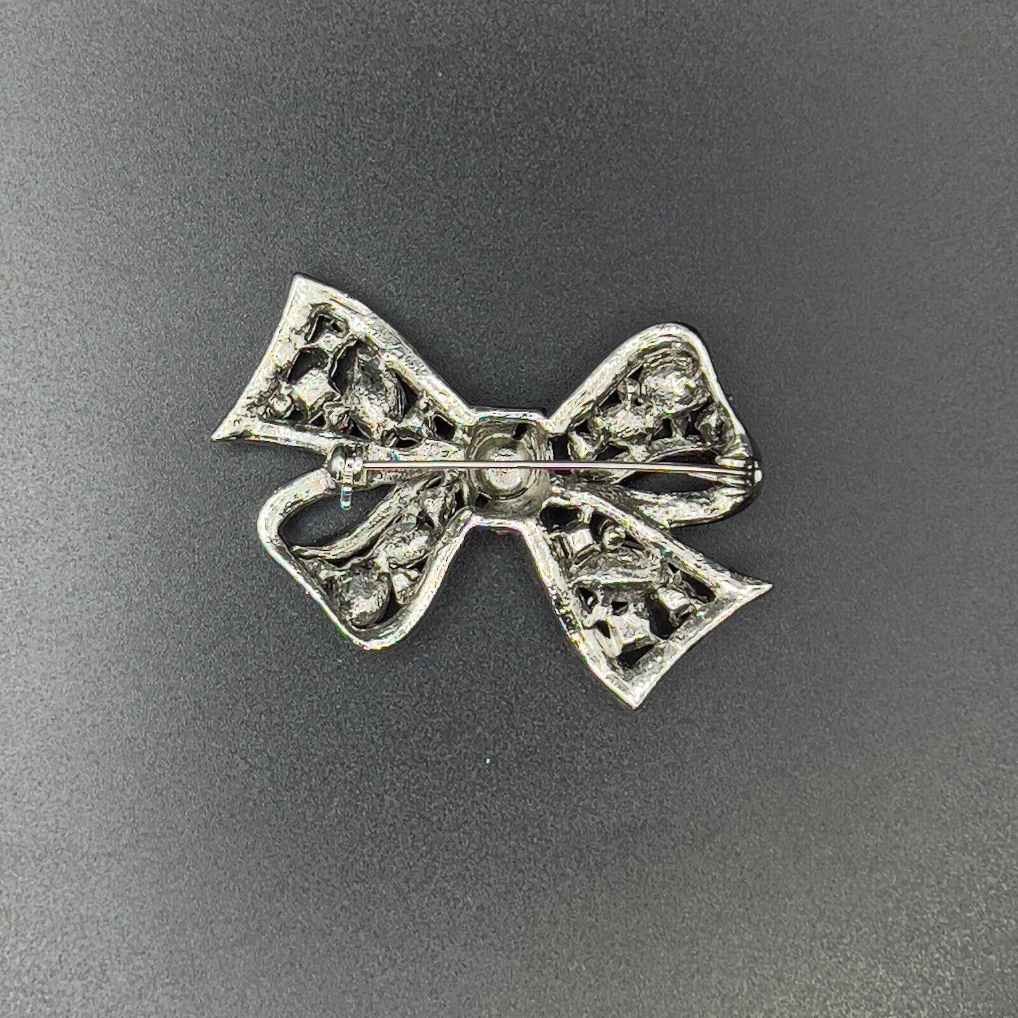 Vintage Unique Silver-Toned Purple/Pink Rhinestones Bow Brooch Pin