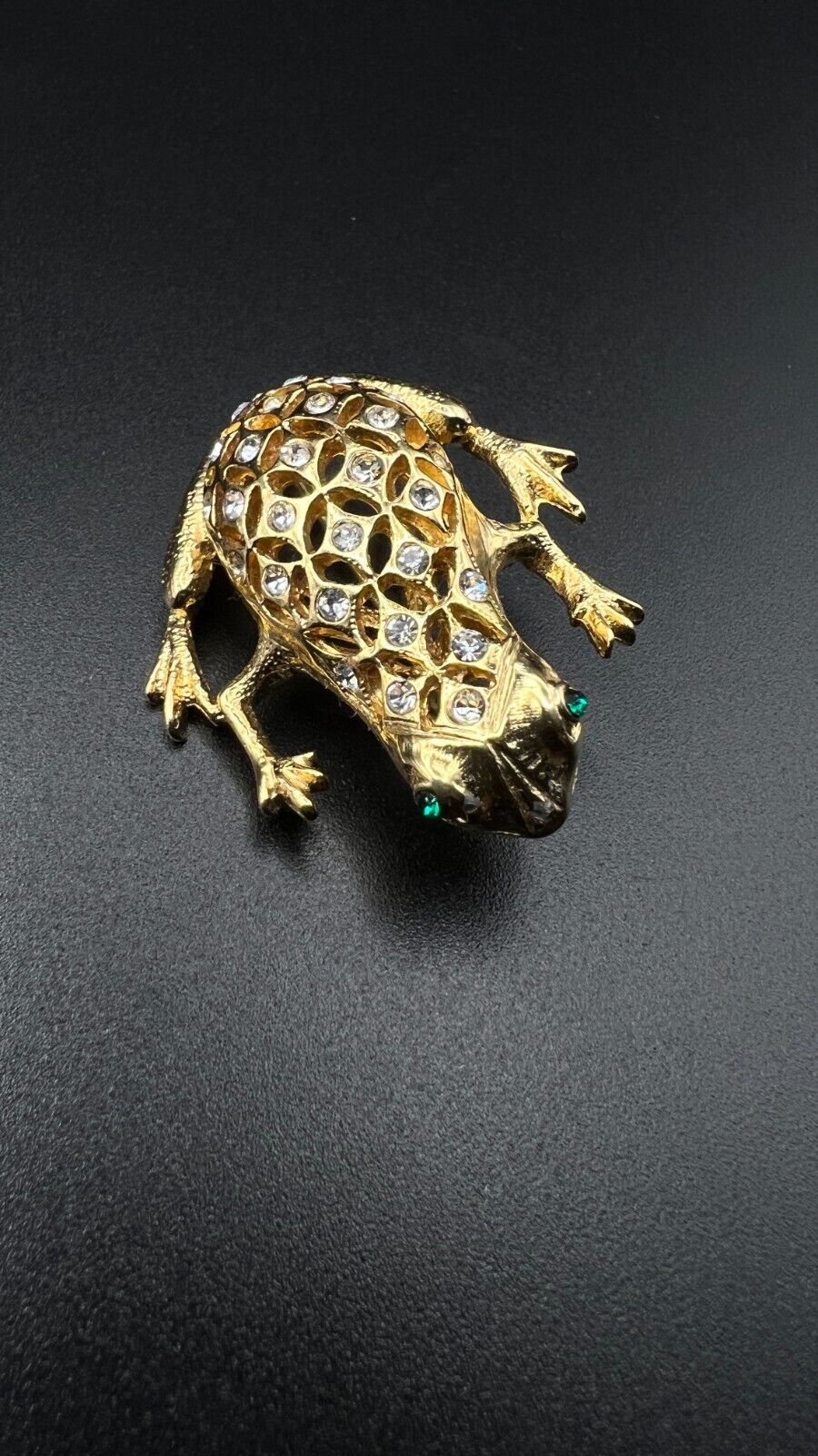 Vintage Gold-Toned & Clear Rhinestone Frog with Green Crystal Eyes Brooch Pin