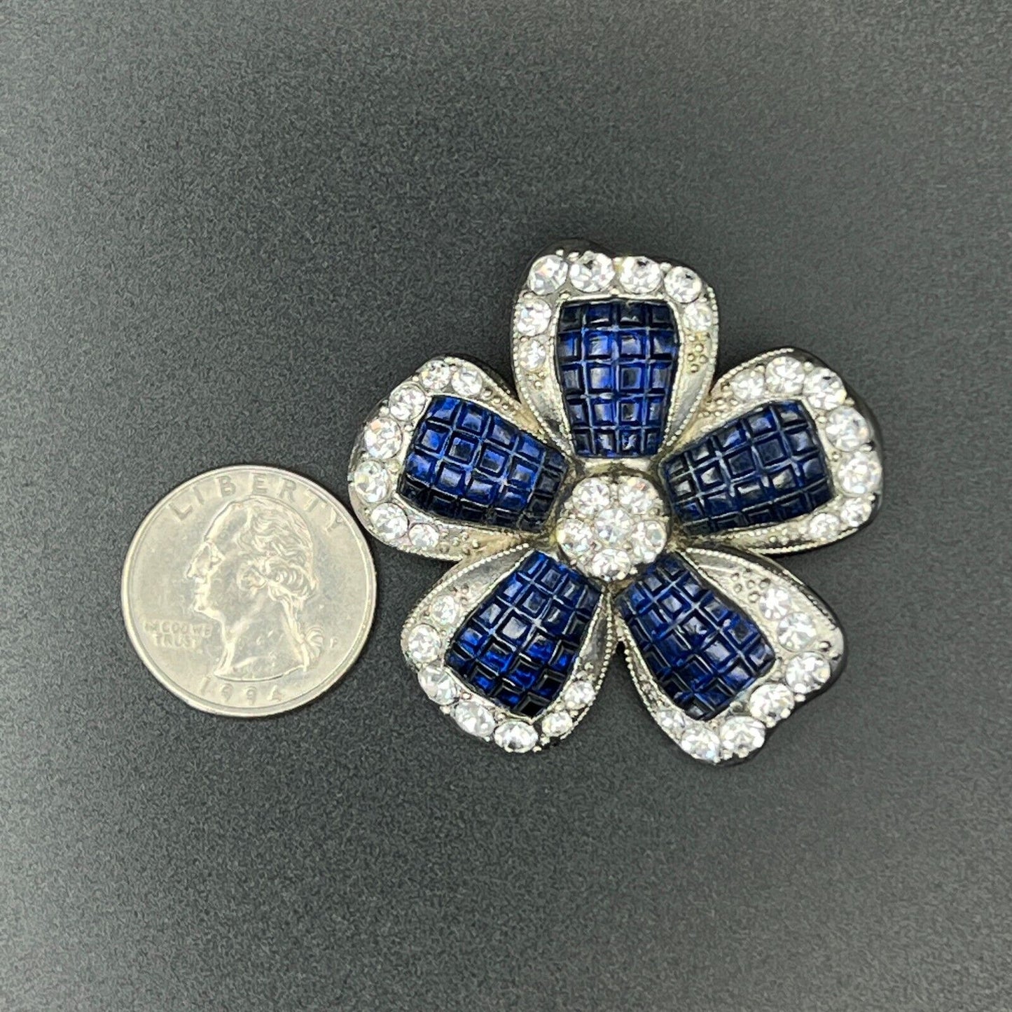 Vintage Signed Nina Ricci For Avon Blue & Clear Rhinestones Flower Brooch Pin