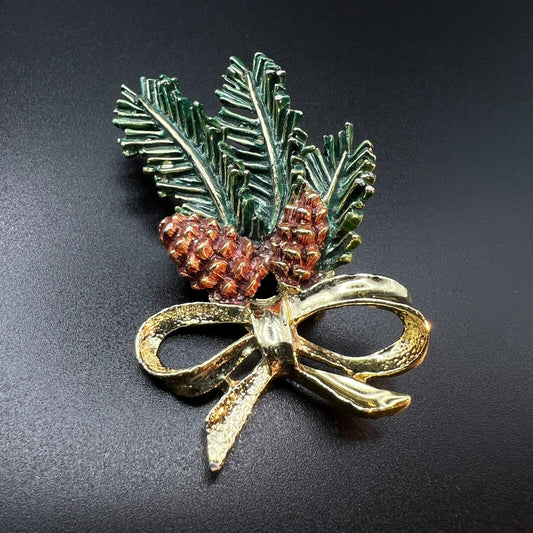 Vintage Signed Gerry's Green Pine Leaves w Brown Pinecones & Gold Bow Brooch Pin