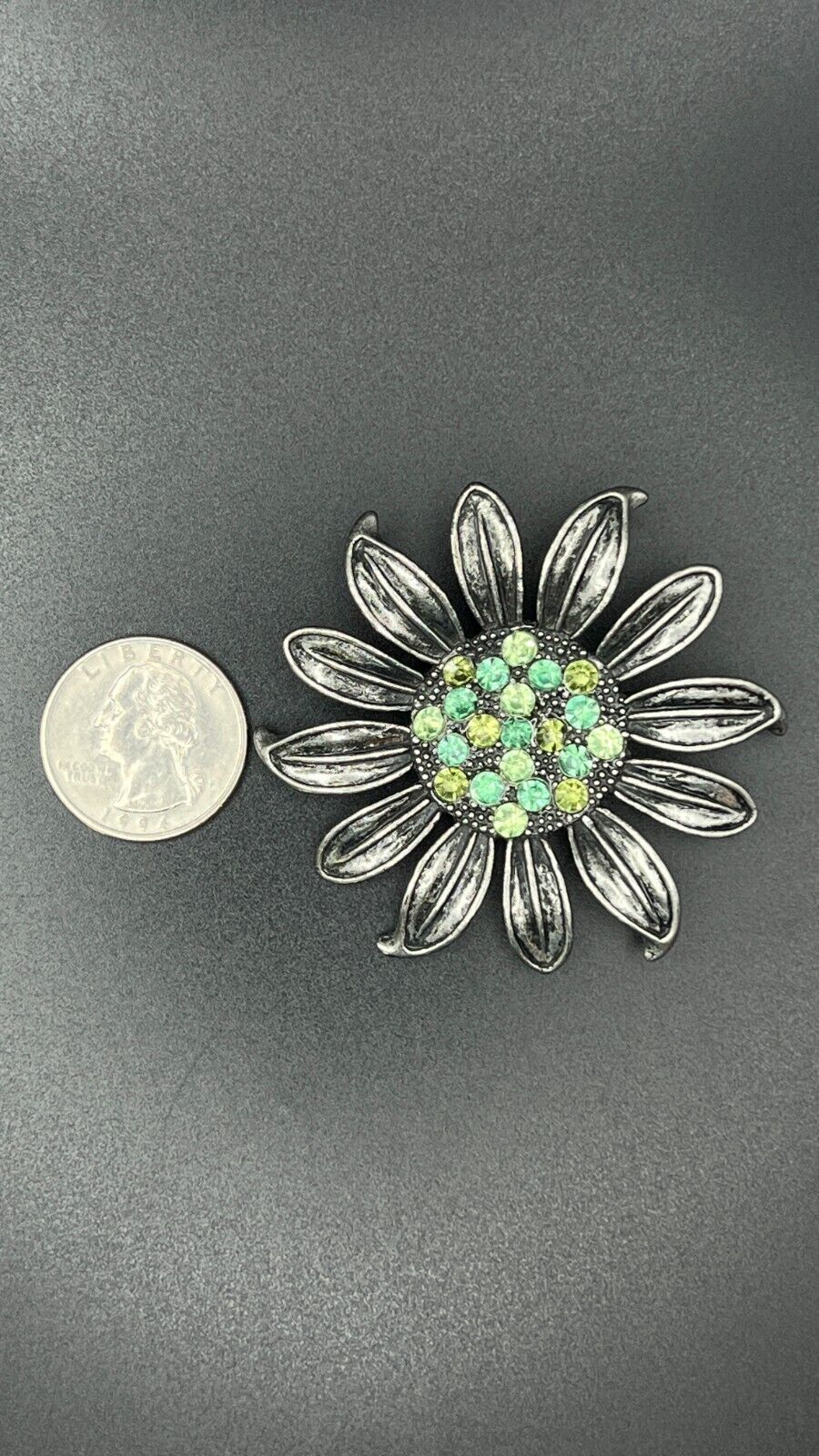 Vintage Silver-Toned Flower w Pewter Finish and Green Rhinestones Brooch Pin