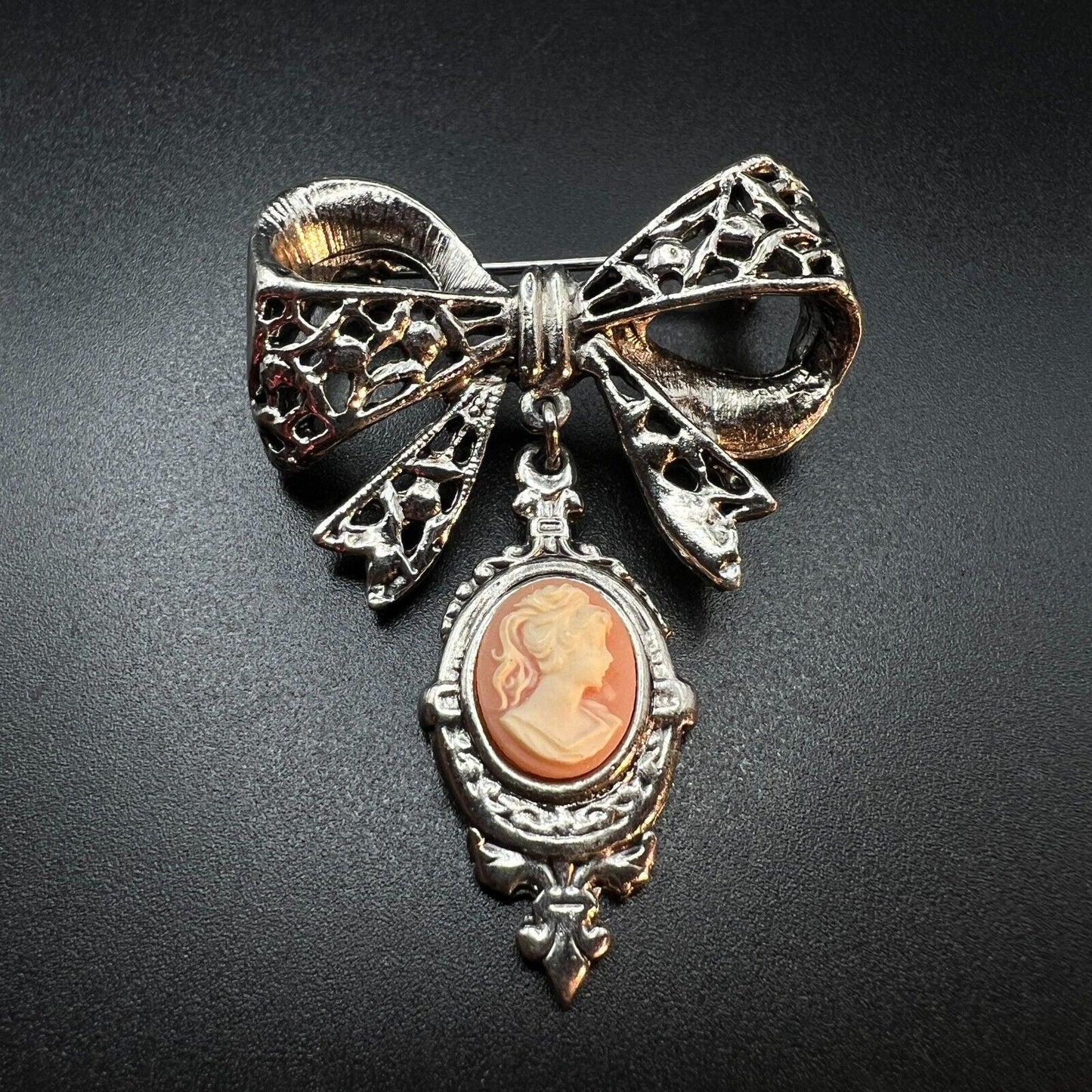 Vintage Beautiful Silver-Toned Bow and Cameo Brooch Pin