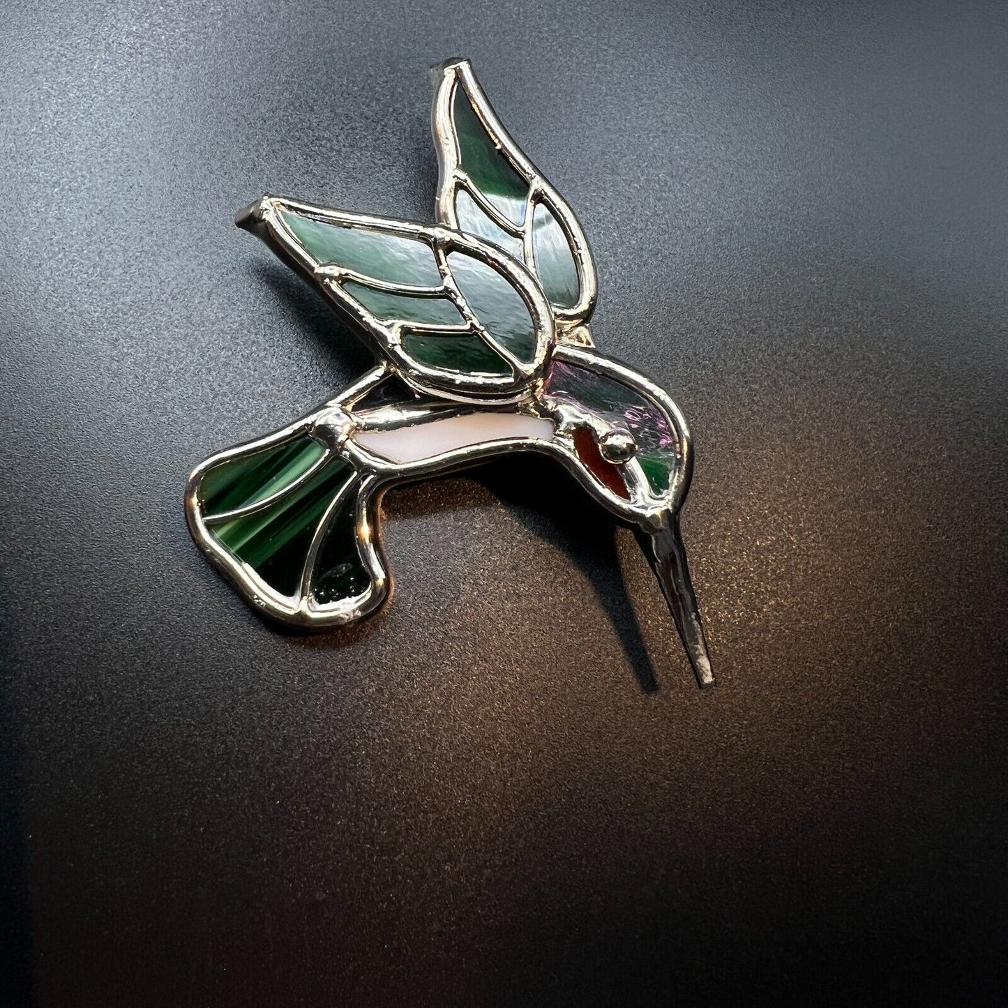 Vintage Novelty RARE Silver, Green & White Stained Glass Hummingbird Brooch Pin