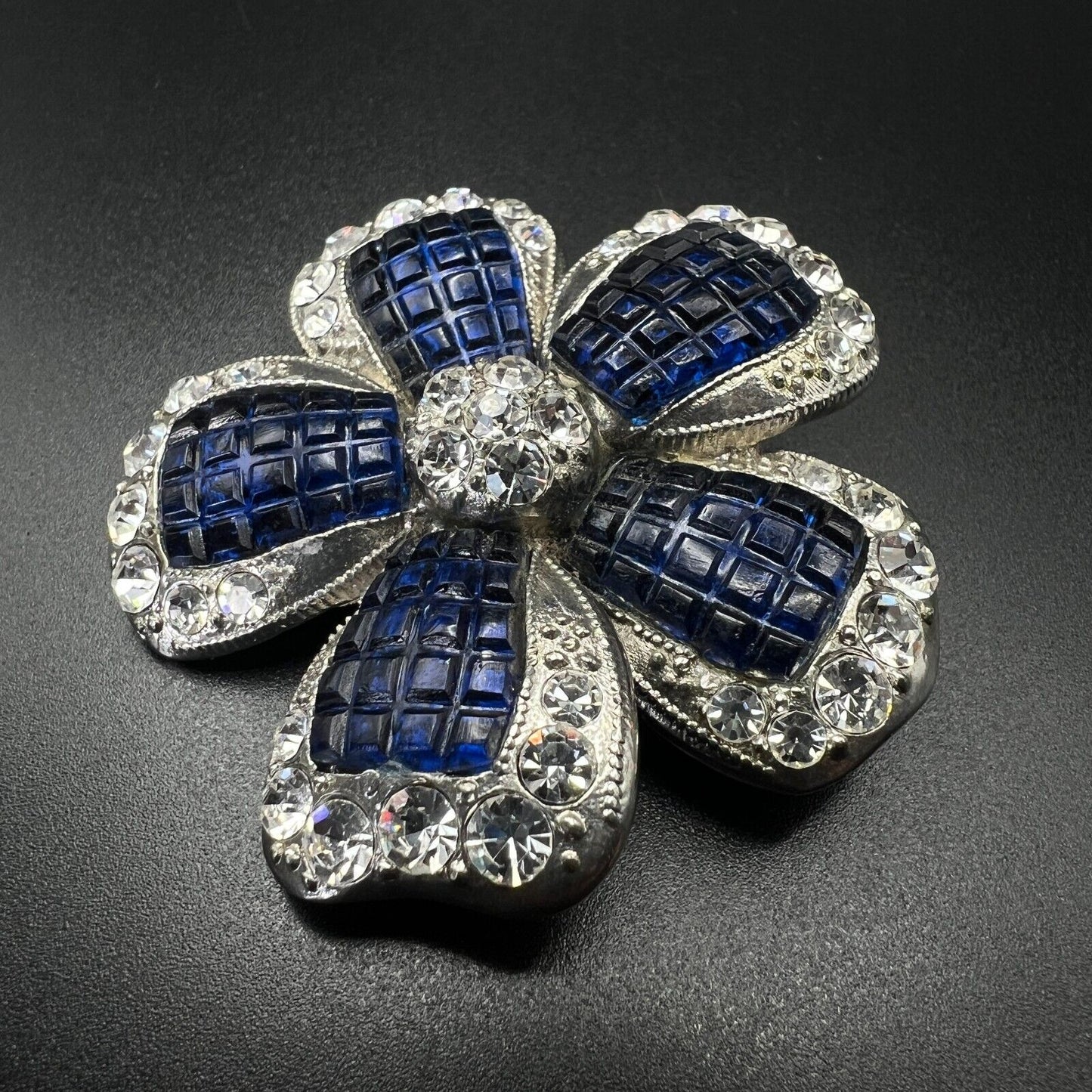 Vintage Signed Nina Ricci For Avon Blue & Clear Rhinestones Flower Brooch Pin