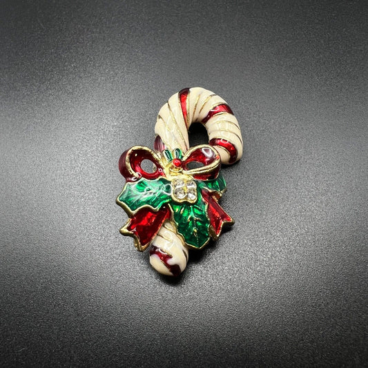 Vintage Novelty Enameled Candy Cane w Red/Green Holly Bow w Crystals Brooch Pin