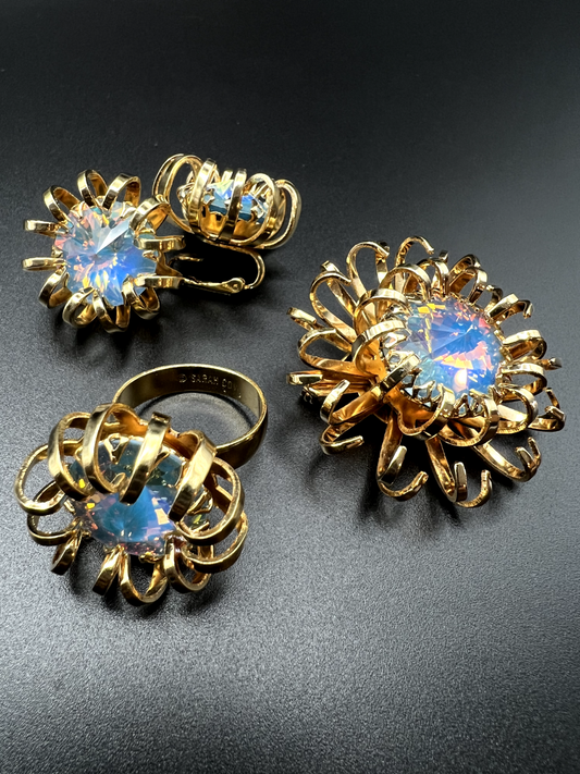 Vintage Signed SARAH COV Set- Gold-Toned Rivoli Brooch, Ring & Clip-On Earrings