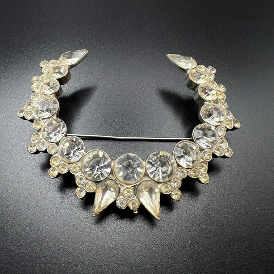 Vintage H. Pomerantz & Co.NY Crescent Moon Silver-Toned Clear Stones Brooch Pin