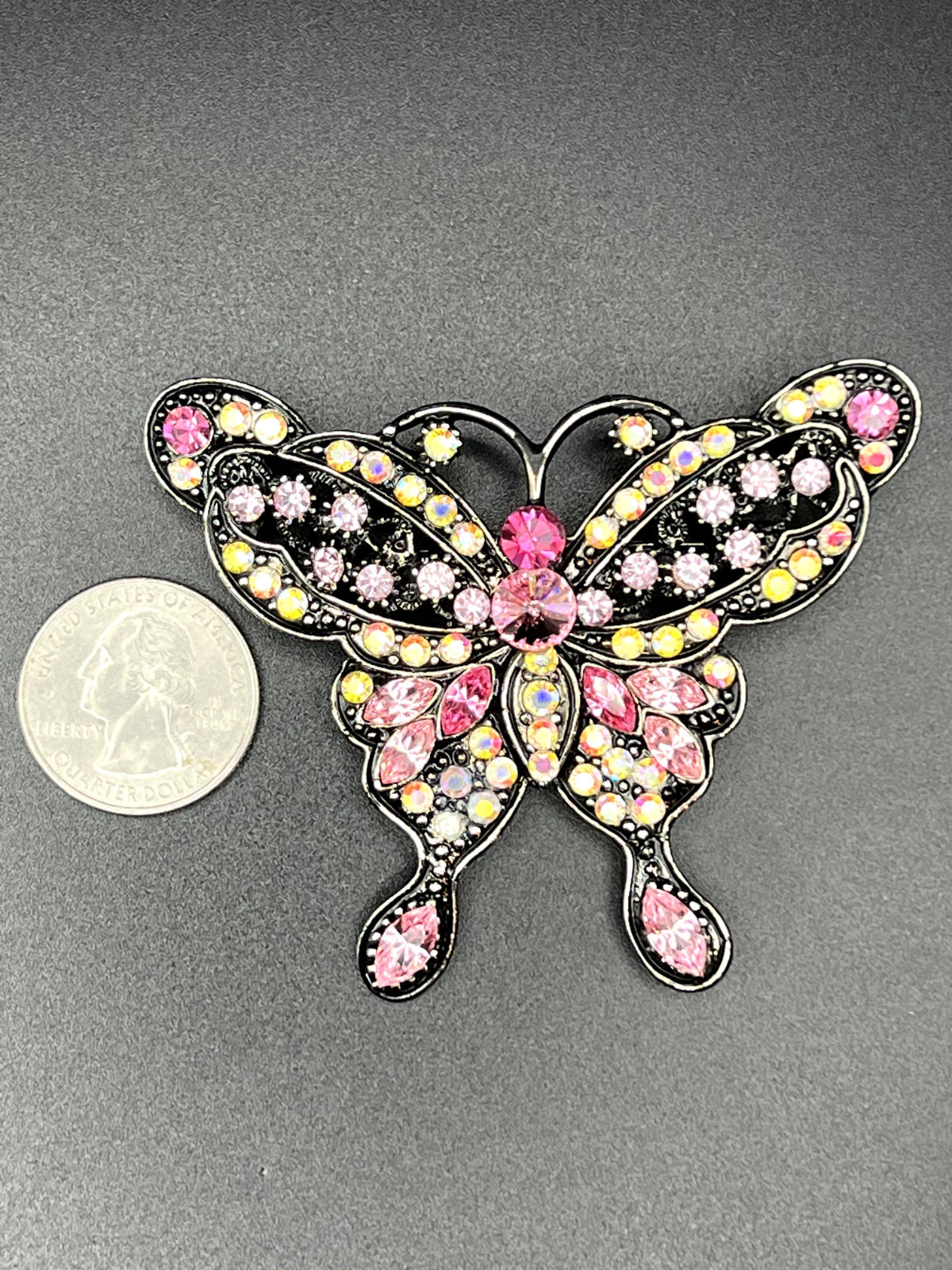 Vintage Butterfly Silver-Toned with Pink, Rose & Clear AB Rhinestones Brooch Pin