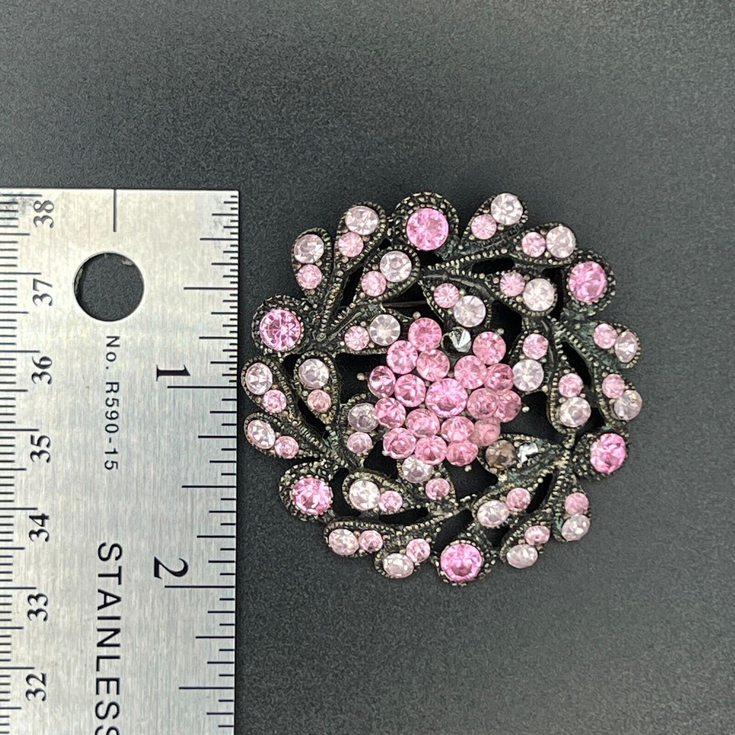 Vintage Delightful Grey-Toned, Pink & Light Pink Rhinestones Flower Brooch Pin