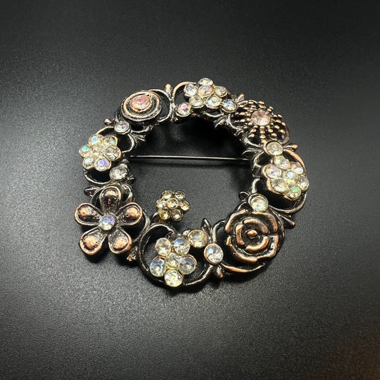 Vintage Copper & Dark Silver-Toned Wreath w Pink & Clear Rhinestones Brooch Pin