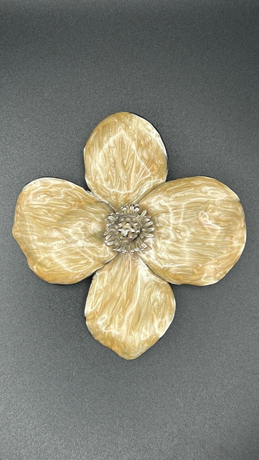 Vintage Large Flower Signed E PEARL Enameled Gold/Cream & Silver Back Brooch Pin