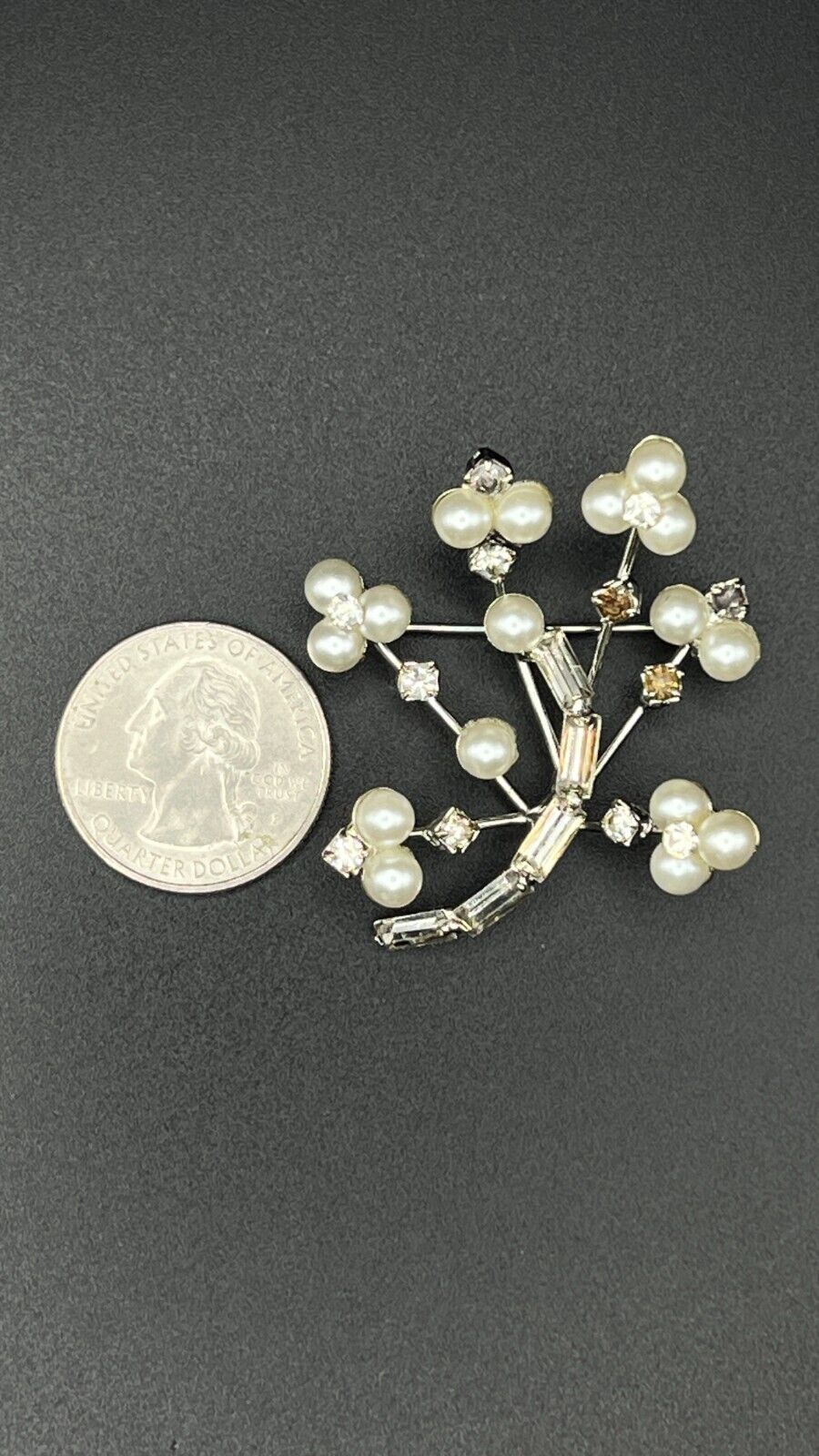 Vintage Silver-Toned Tree Branch with Clear Rhinestones & Faux Pearls Brooch Pin