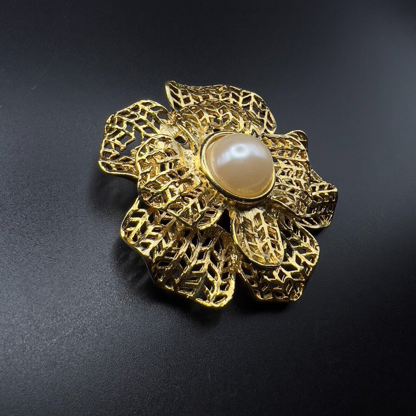 Vintage Gold-Toned Tiered Petals Flower with a Faux Pearl Center Brooch Pin