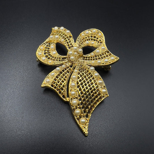 Vintage Novelty Gold-Toned Lacy Bowtie Faux Pearl Brooch Pin
