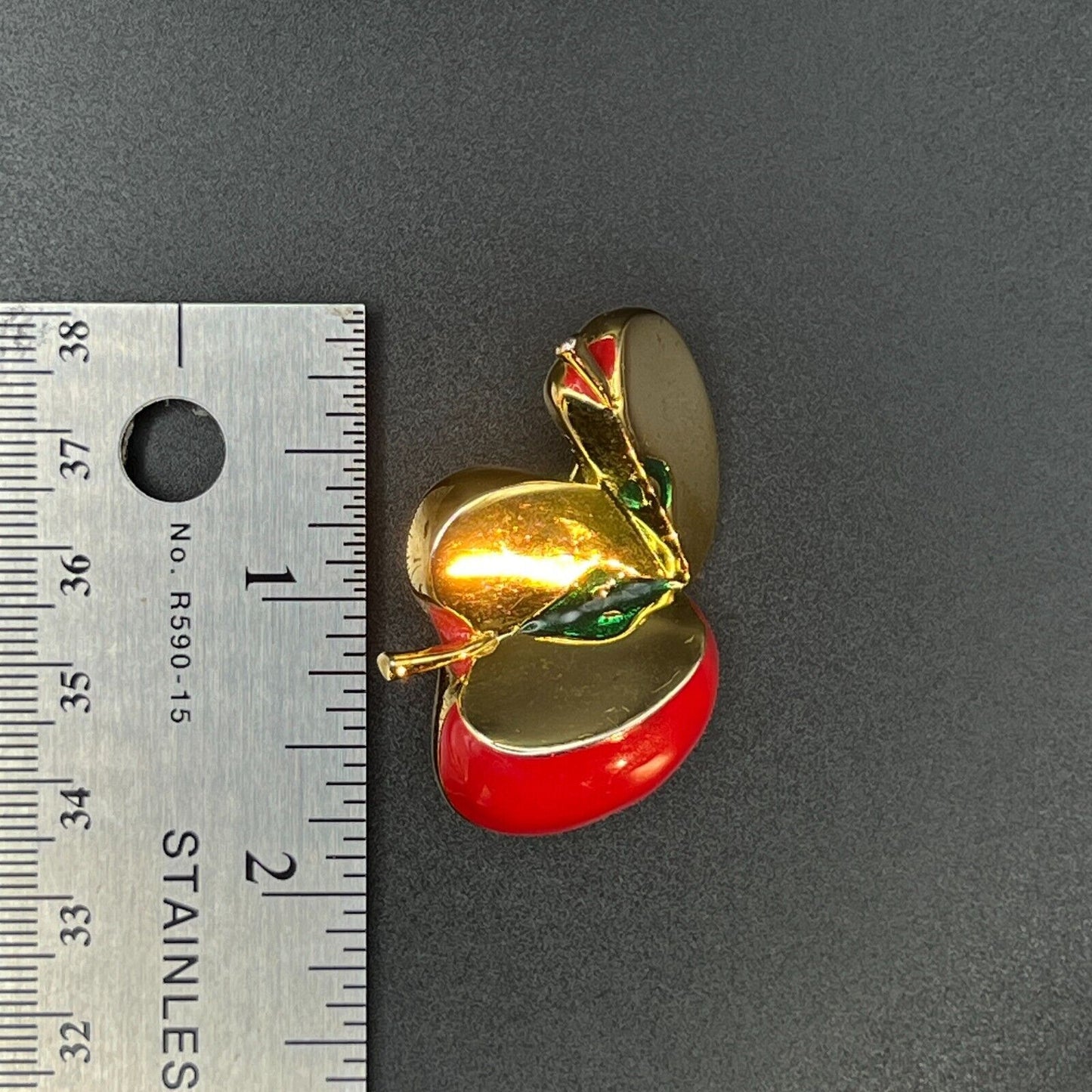 Vintage Novelty Red Enameled Gold-Toned Split Apple Brooch Pin