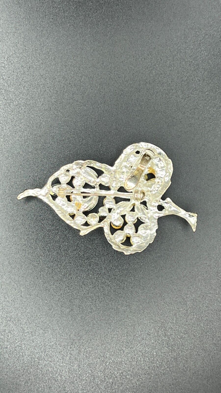 Vintage Silver-Tone Leaf Brooch/ Pendant with Topaz, Pink & Gold Rhinestones Pin