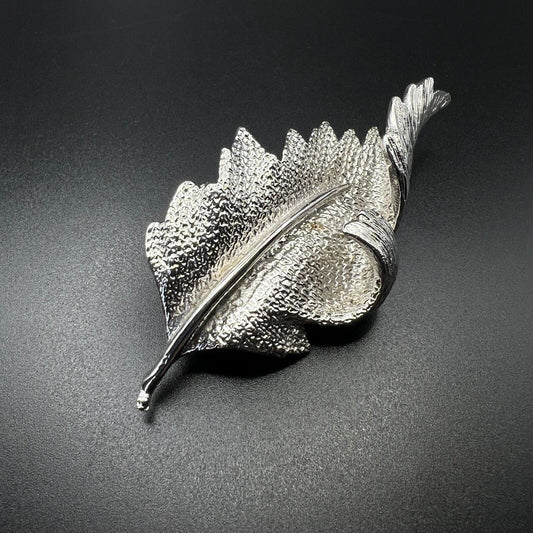 Vintage Coro Marked Silver-Toned Blowing Leaf Shiny Brooch Pin