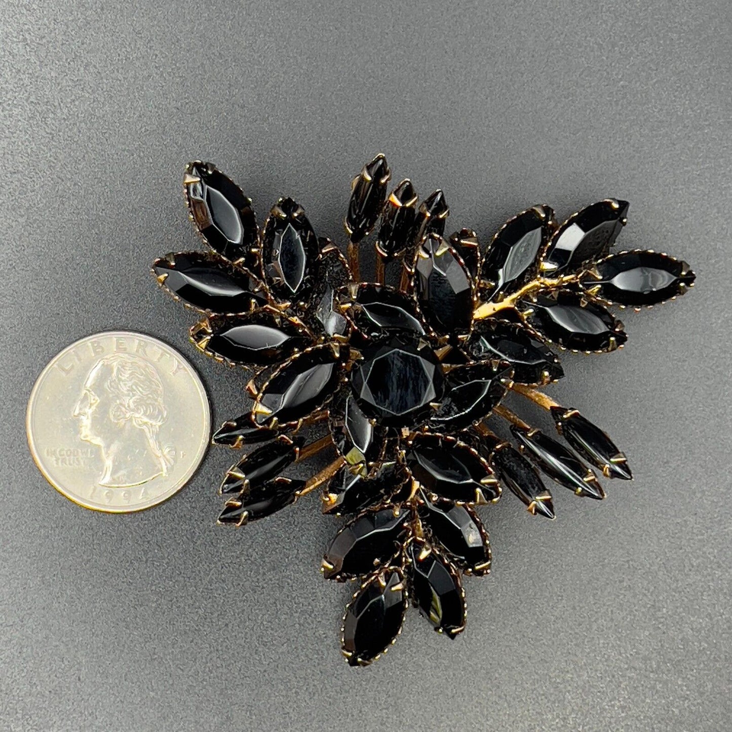 Vintage Large Beautiful Gold-Toned and Black Stones 3-Dimensional Brooch Pin