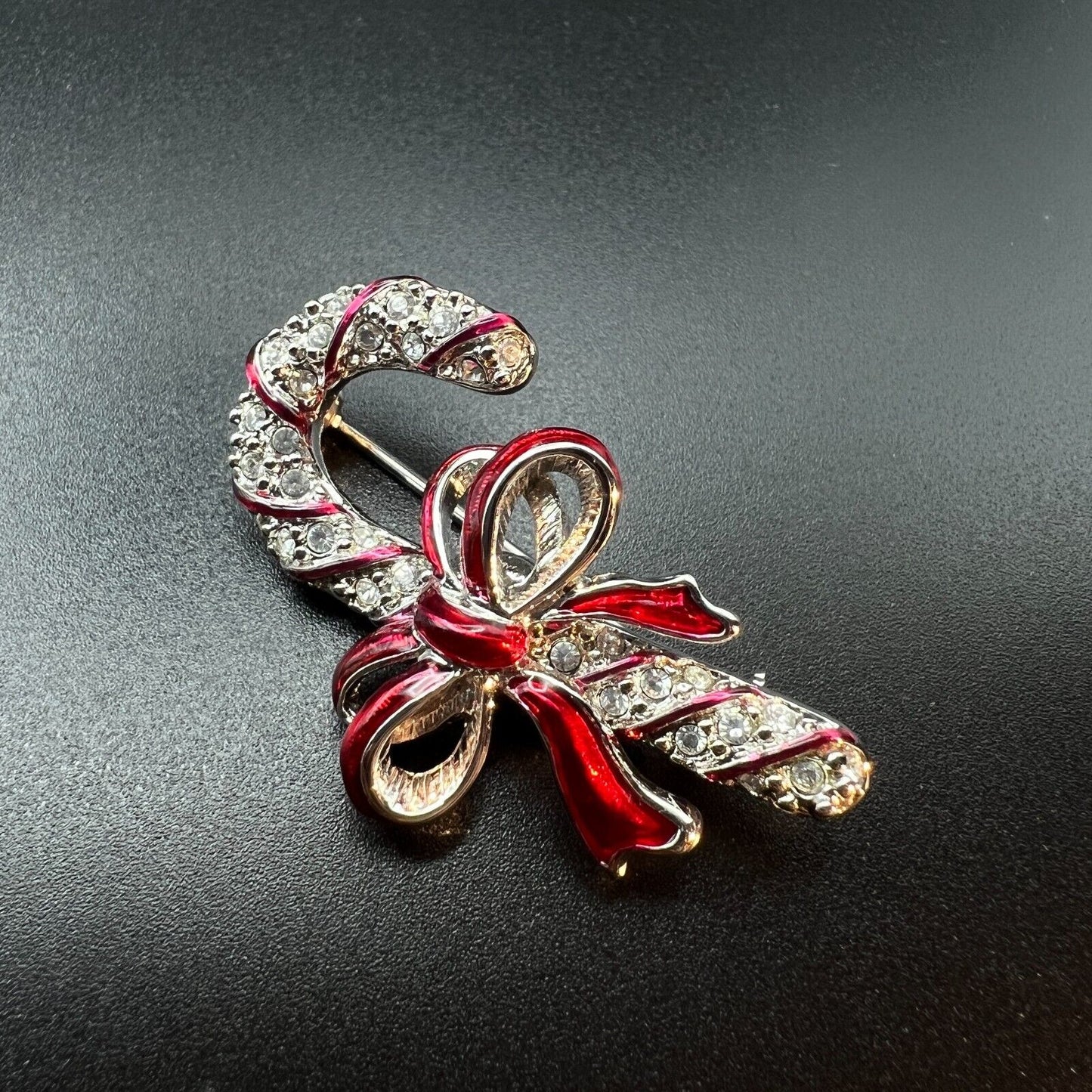 Vintage Novelty Swarovski Signed Candy Cane w Red Ribbon & Bow Brooch Pin