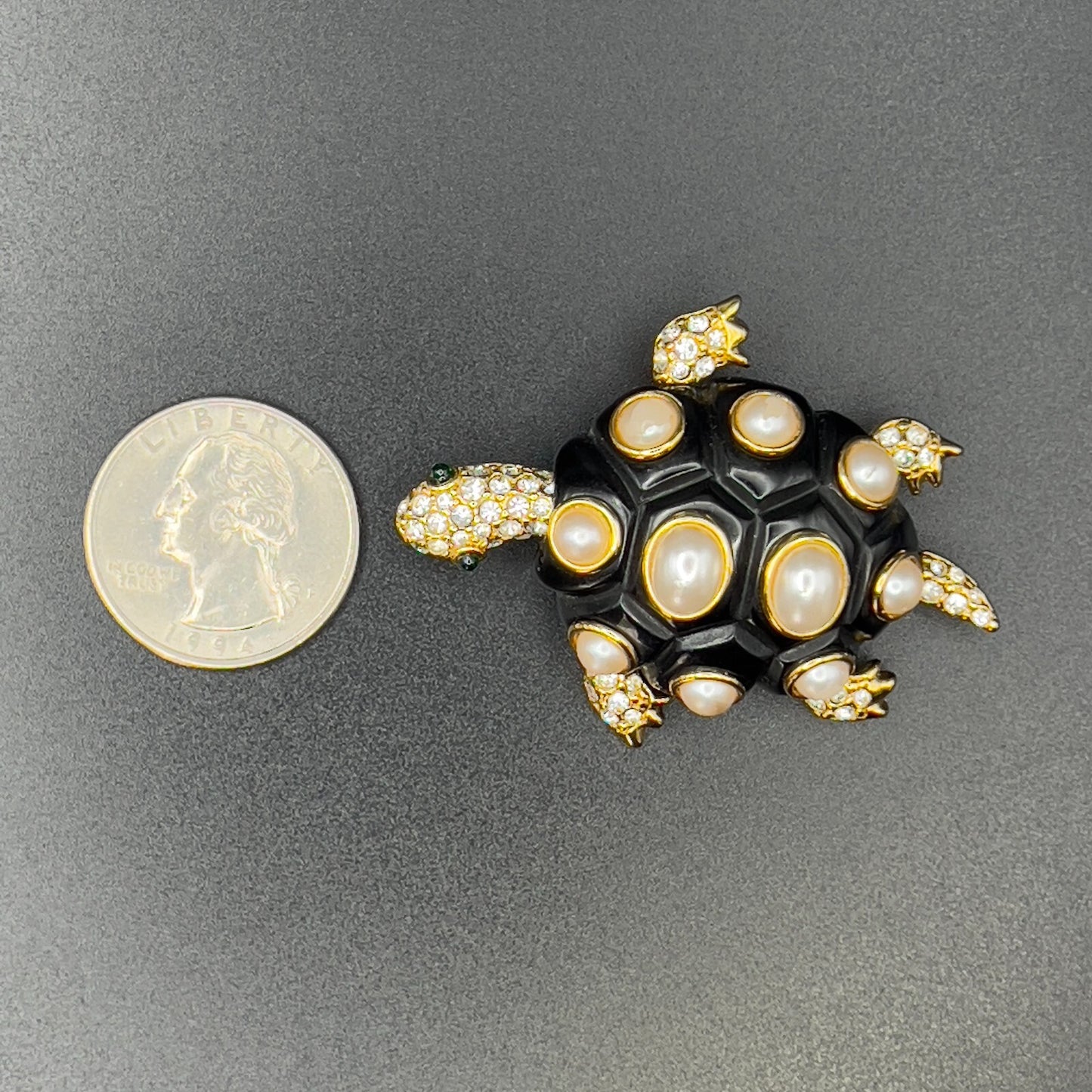 Vintage Signed KJL Tortoise Gold-Tone Faux Pearl & Crystals on Black Brooch Pin