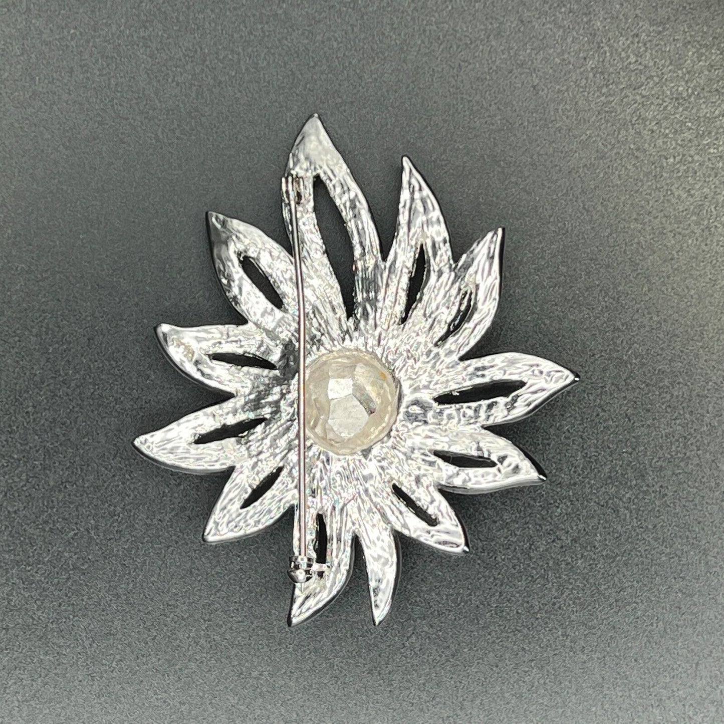 Vintage Sparkling Silver-Toned Clear Rhinestones Bold Flower Brooch Pin