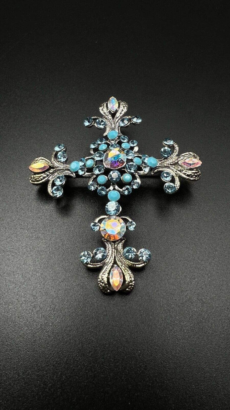 Vintage Kirk's Folly Signed Brooch/Pendant with Blue and AB Stones Silver-Toned