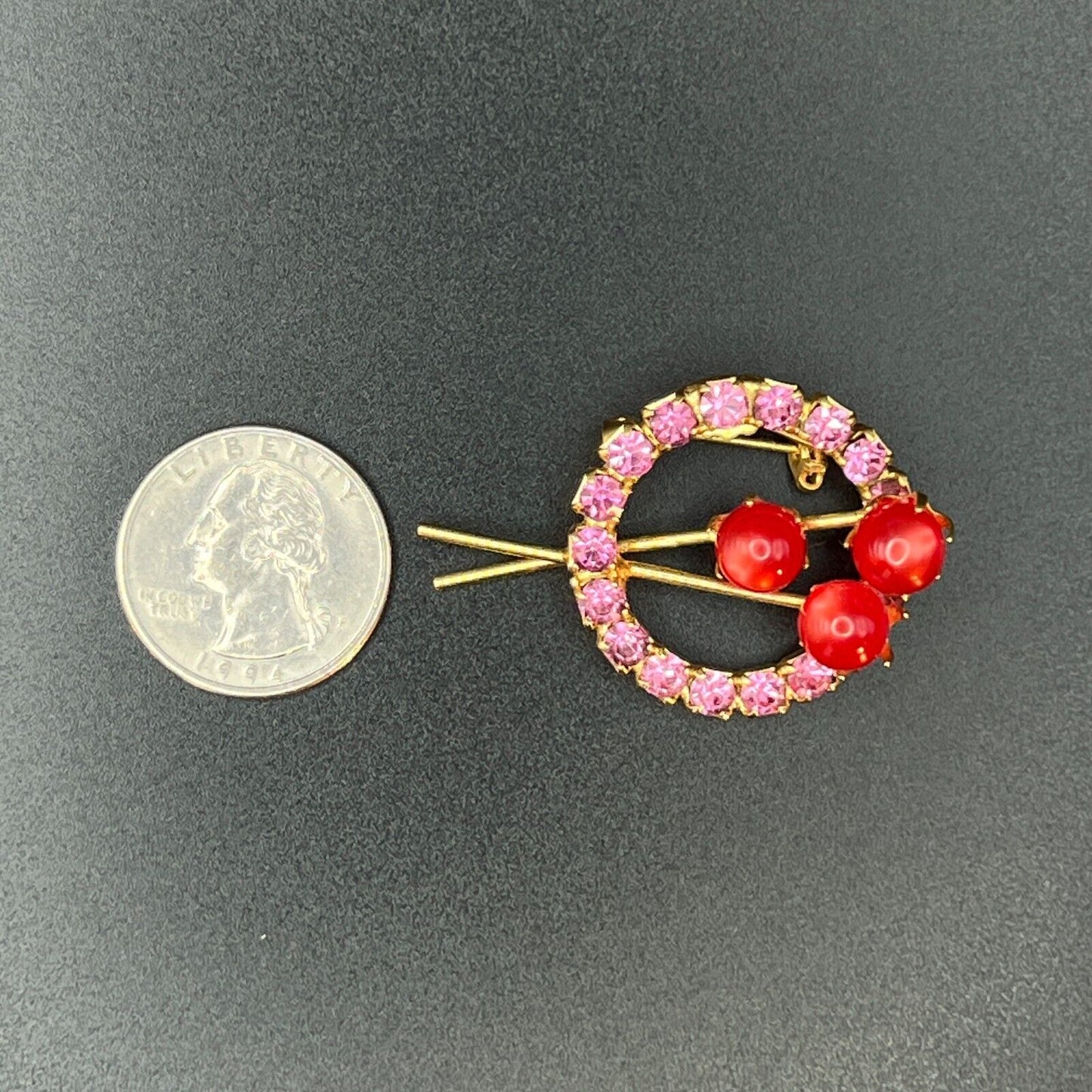 Vintage Red Balls & Sparkling Pink Rhinestones Gold-Toned Circular Brooch Pin