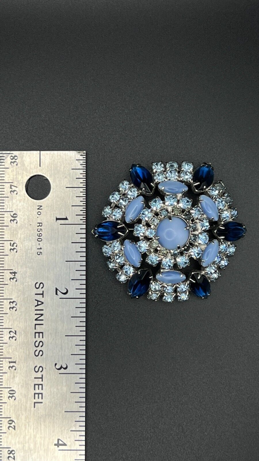 Vintage Flower Silver-Toned with Midnight, Pale, & Ice Blue Crystals Brooch Pin