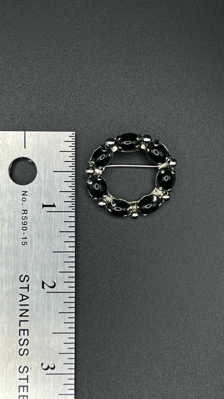 Vintage Small Circular Silver-Toned with Prong Setting of Black Beads Brooch Pin