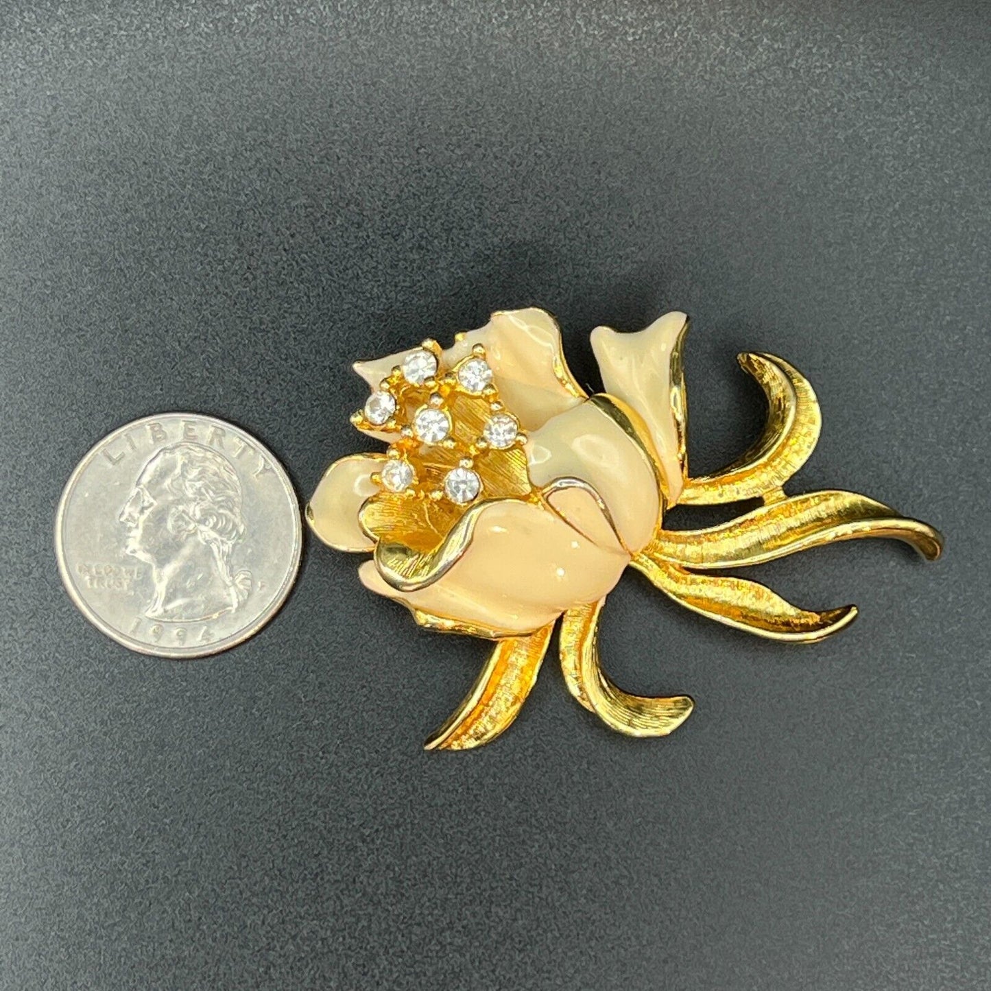 Vintage Dimensional Gold-Toned & Enameling Flower with Clear Crystals Brooch Pin