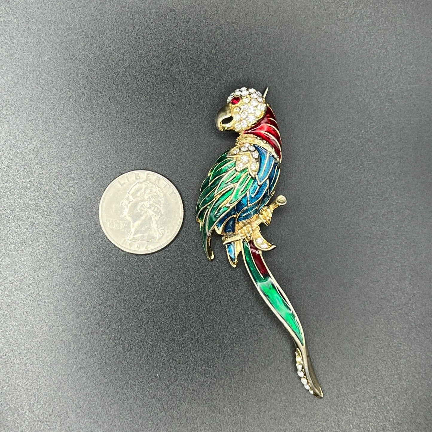 Vintage Novelty Large Parrot Red, Blue, Gold, Green Enamel & Crystals Brooch Pin