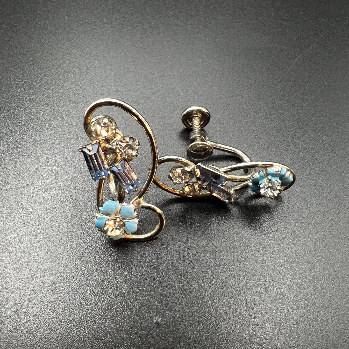 Vintage Signed Carl Art Sterling Silver Bow & Blue Flowers Brooch Earrings Set