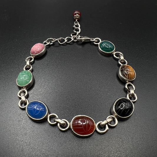 Vintage Bracelet Sterling Silver Scarab w Multi Colored Stones