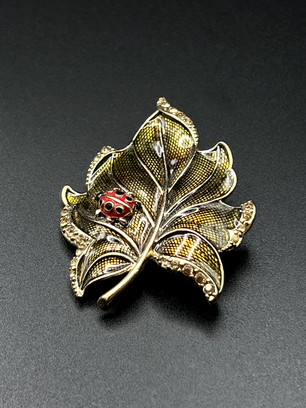 Vintage Signed LC Gold-Toned Leaf with Ladybug Brooch Pin