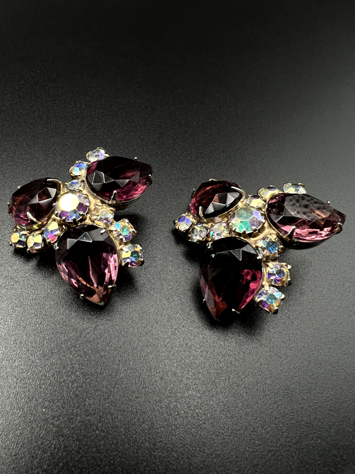 Vintage Deep Purple & Clear AB Rhinestones Gold-Toned Earrings and Brooch Pin