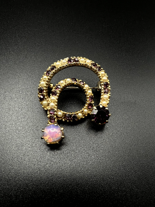 Vintage Spiral Gold-Tone with Purple Rhinestones, Faux Pearls and Opal Brooch