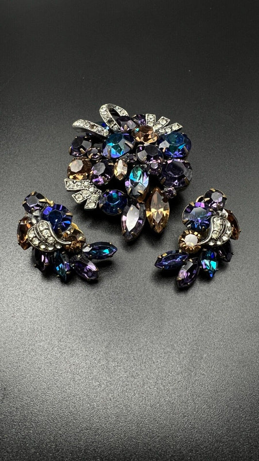 Vintage WEISS Brooch and Clip-On Earrings Set Blue, Purple, Clear & Brown Stones