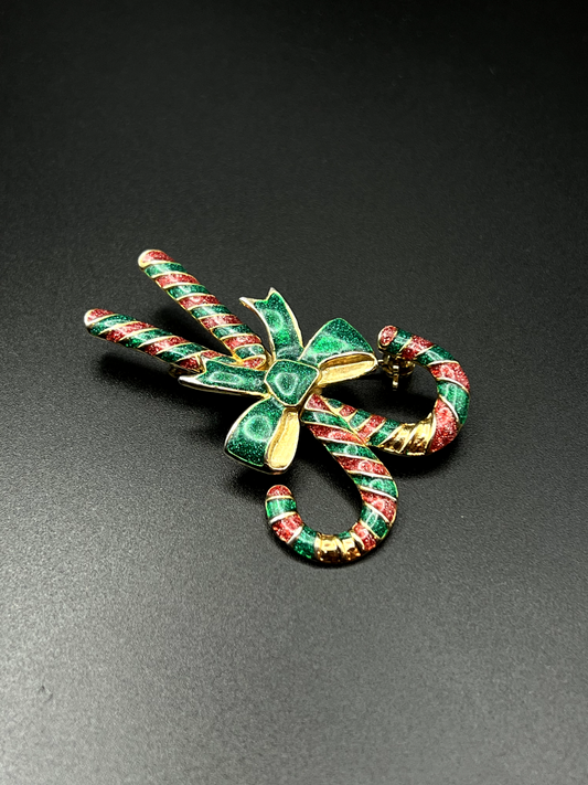 Vintage Green, Red And Gold Enameled Candy Cane Brooch Pin