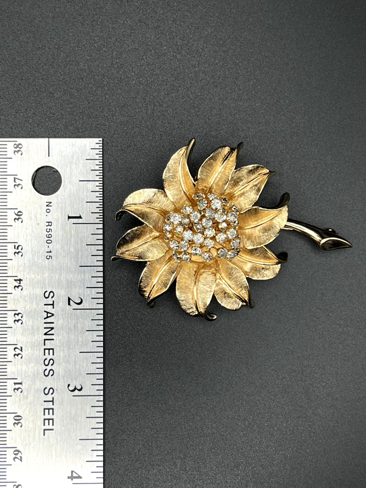 Vintage Gold-Toned Flower with Clear Rhinestone Accents Brooch Pin