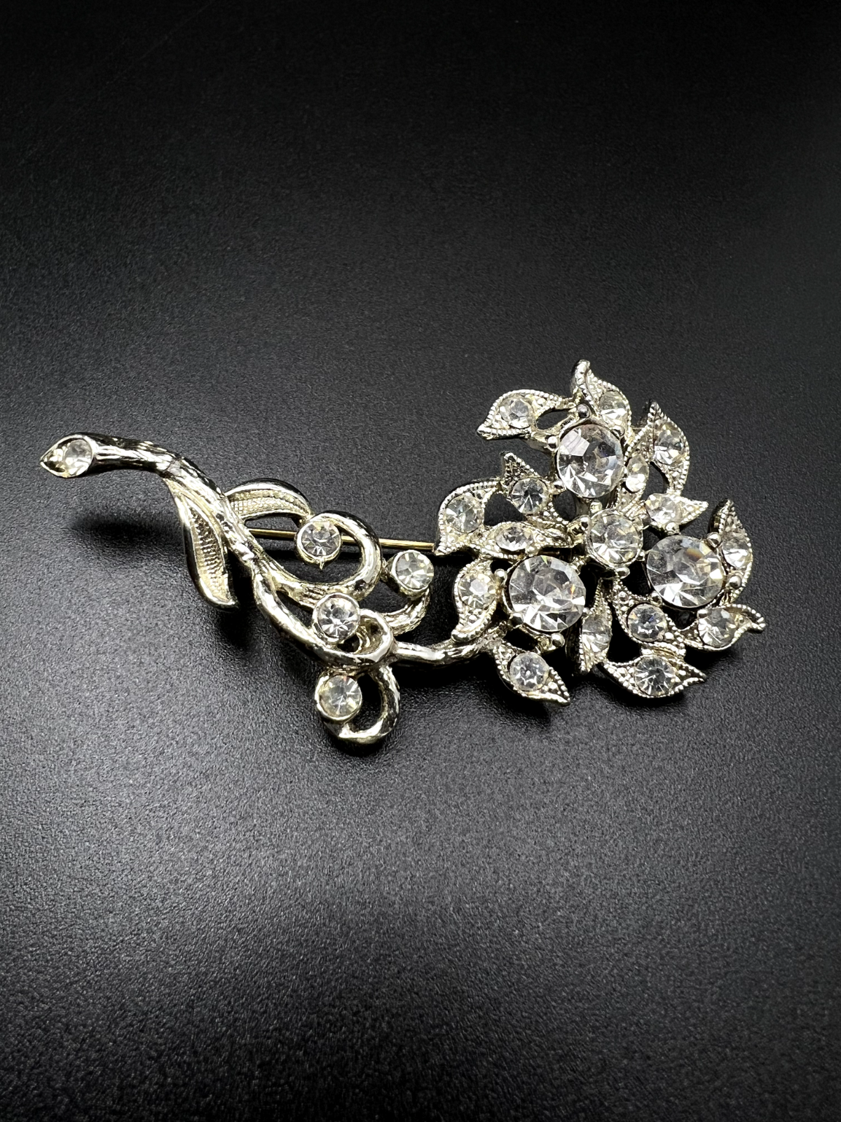 Vintage Silver-Toned Flower with Stem Clear Crystals Sparkling Brooch Pin