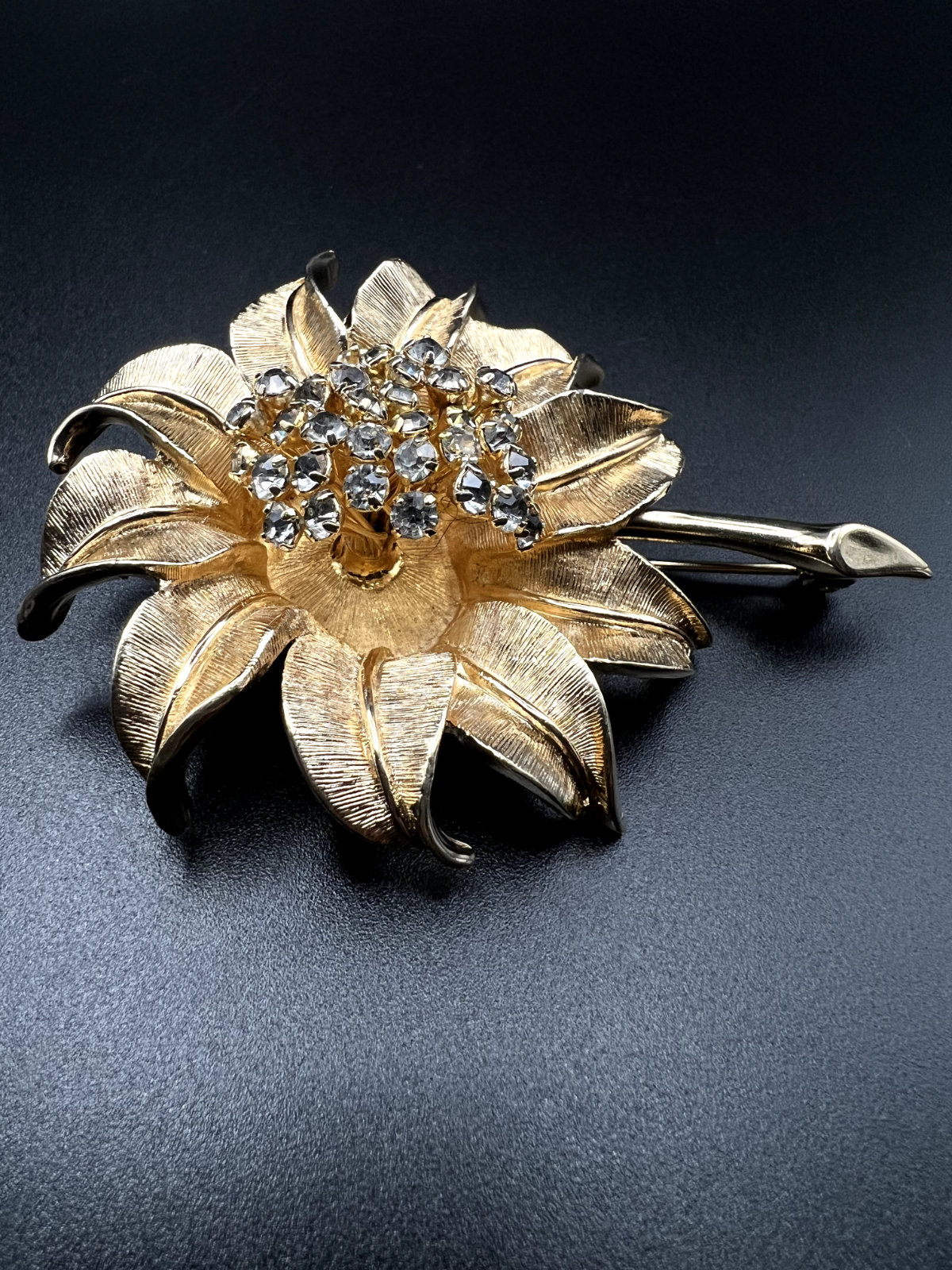 Vintage Gold-Toned Flower with Clear Rhinestone Accents Brooch Pin