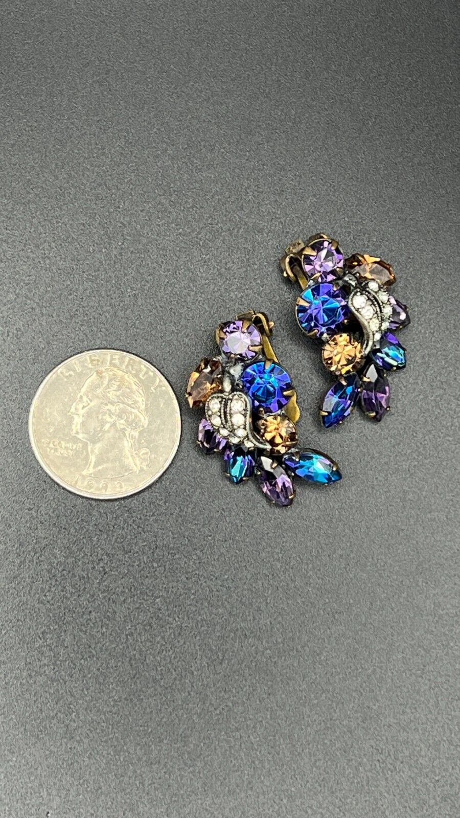 Vintage WEISS Brooch and Clip-On Earrings Set Blue, Purple, Clear & Brown Stones