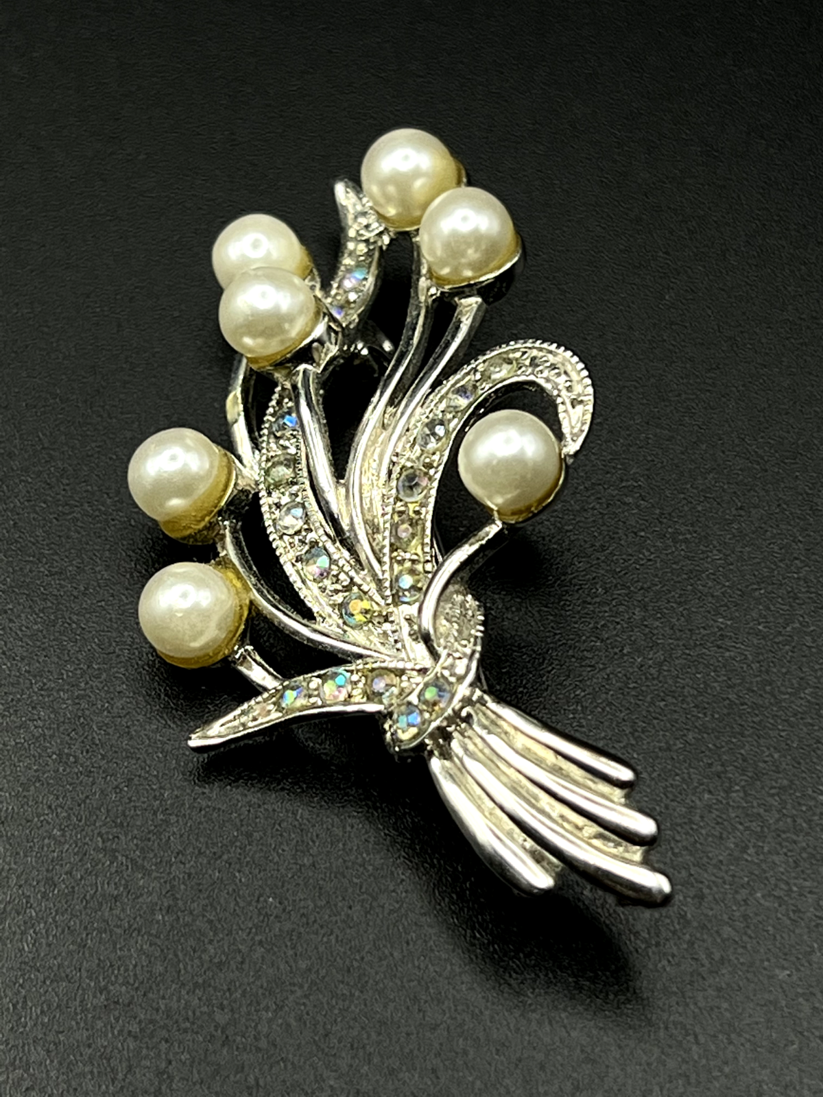 Vintage Elegant Crystal and Pearl-Like Beaded Silver-Toned Brooch Pin