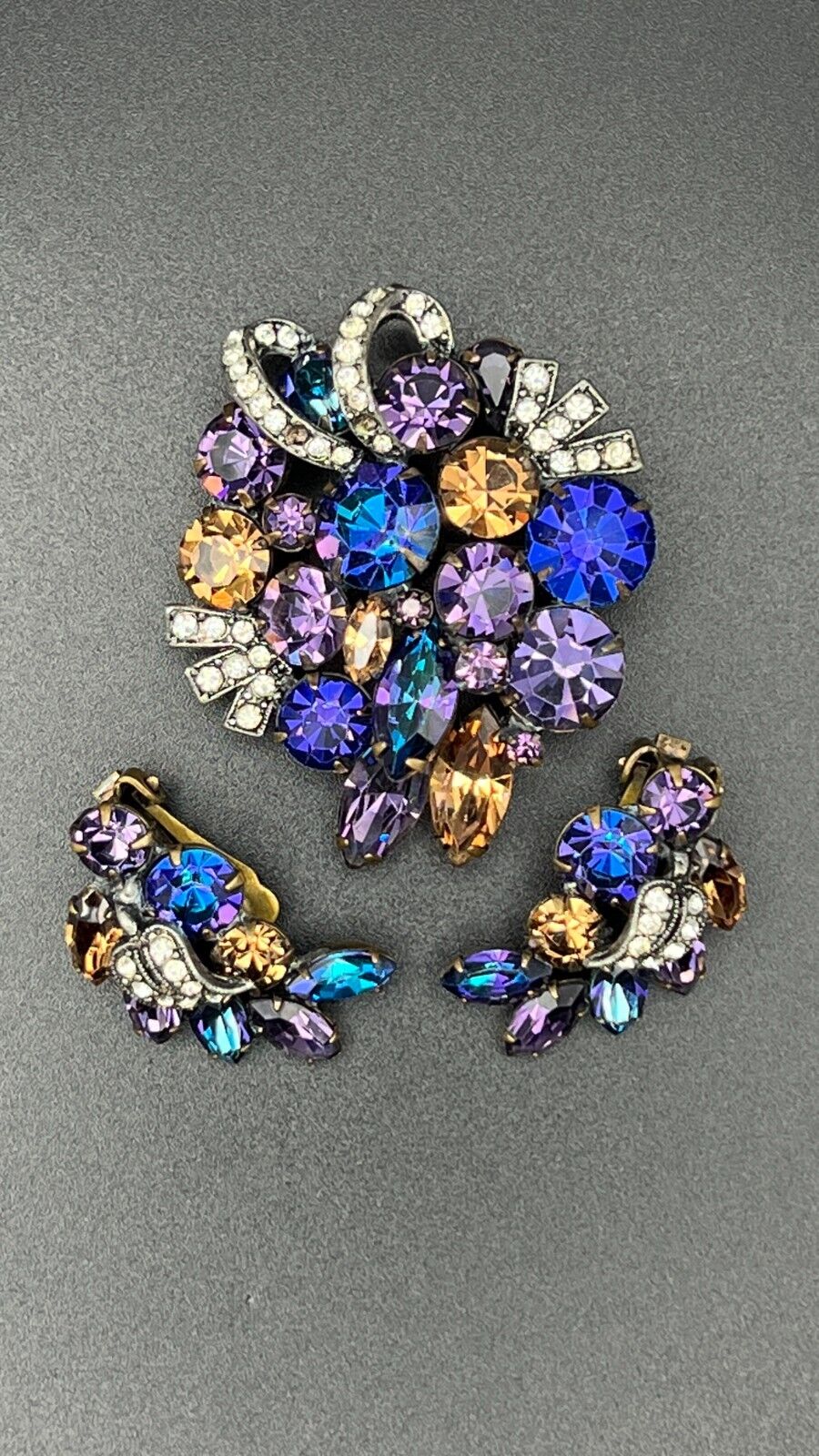 Vintage WEISS Brooch and Clip-On Earrings Set Blue, Purple, Clear & Brown Stones