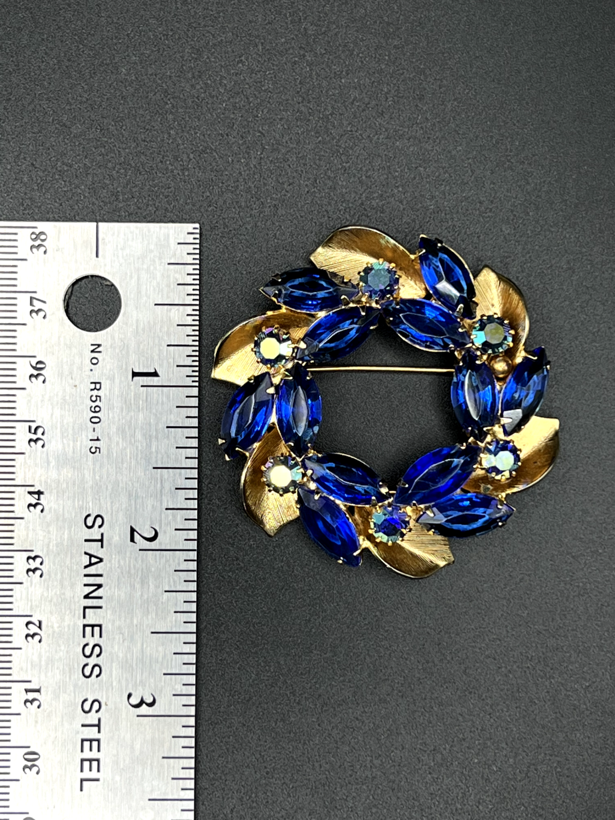 Vintage Large Gold-Toned With Deep Blue AB Rhinestones Brooch Pin