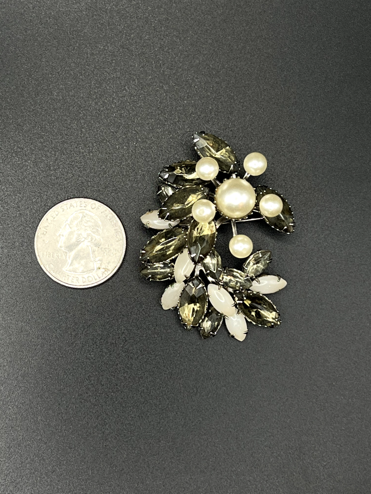 Vintage Pale Gray/Green and White Rhinestones with Faux Pearl Beads Brooch Pin