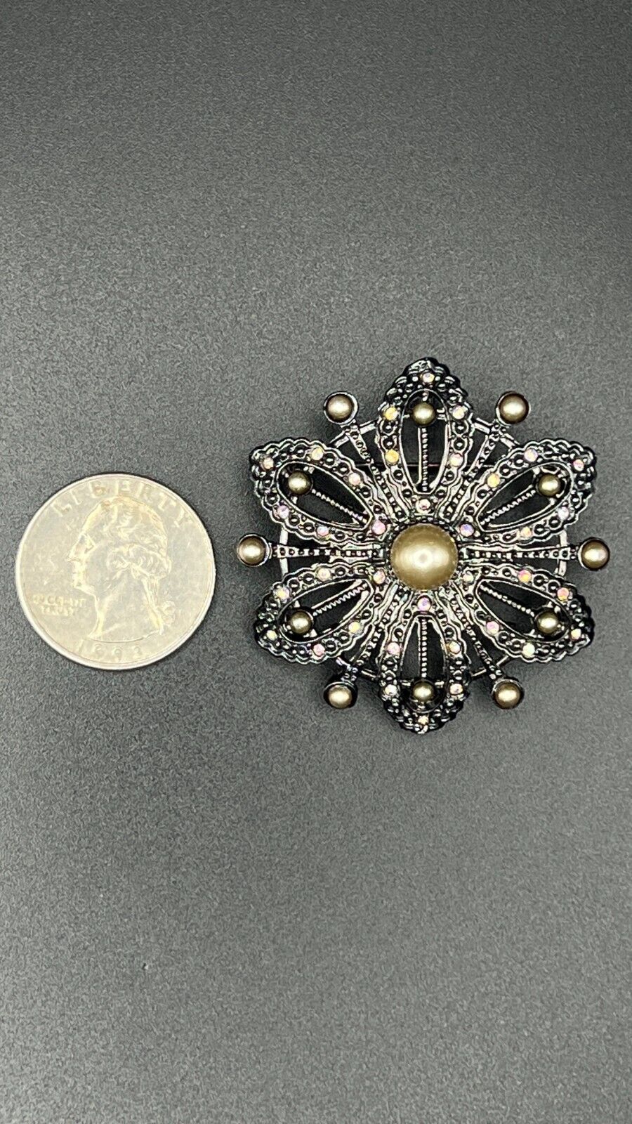 Vintage Dark Metal Faux Champagne Pearl AB Rhinestones Flower Brooch Pin