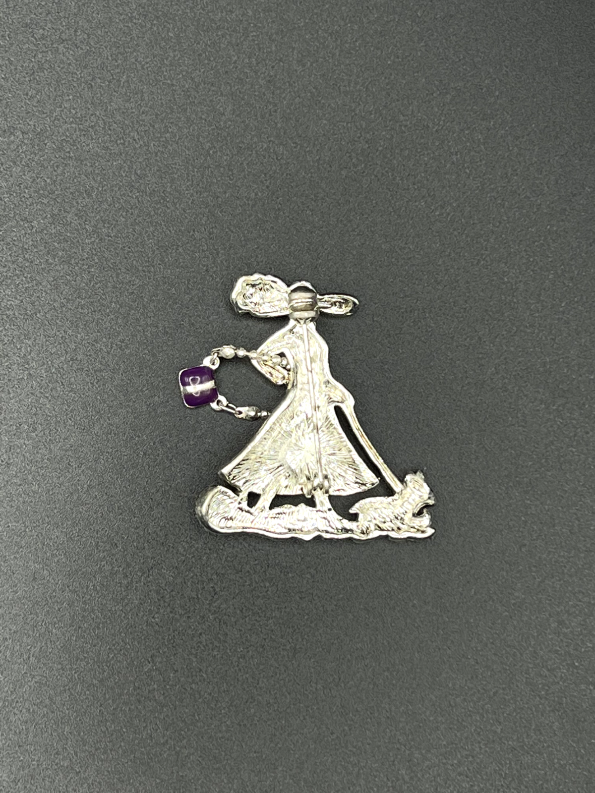 Vintage Red, Purple, White, Silver Enameled Lady With Movable Purse Brooch Pin