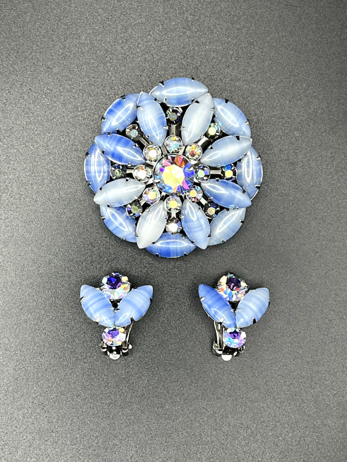 Vintage Elegant Signed WEISS Brooch & Earrings Set With Light Blue & AB Stones