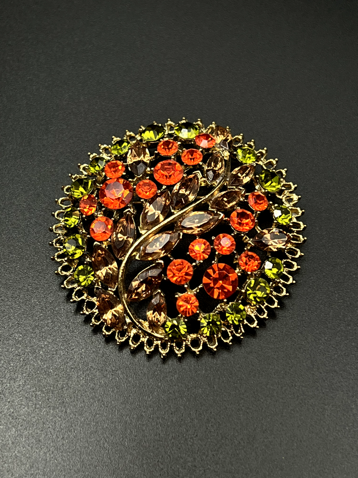 Vintage Brown, Orange, Green and Gold-Tone Circular Brooch Pin